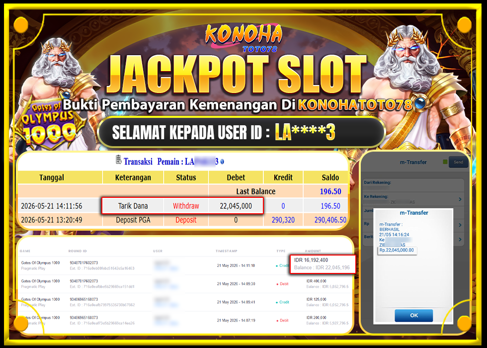 KONOHATOTO78 JACKPOT GATES OF OLYMPUS 1000Rp.22.045.000LUNAS